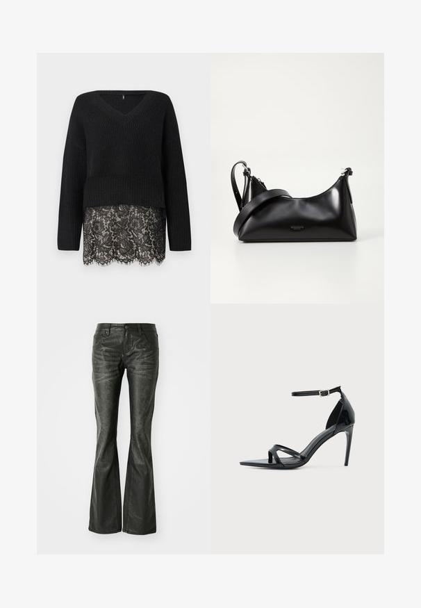 Sort striktrøje med V-hals, der har lange ærmer og en scalloped blondekant. Den teksturerede stof kontrasterer med den glatte blonde nedenfor.; Sorte faux læder flared jeans med forlommer, en metalknaplukning og en let tekstureret overflade. Ret ben med en lang skæring.; Sort laklædersandal med høje hæle, tynd ankelrem, åben tå og minimalistisk design på en ensfarvet lys baggrund.; Sort læderhåndtaske med en glat tekstur. Har en justerbar stropp og et enkelt, minimalistisk design med lynlås.