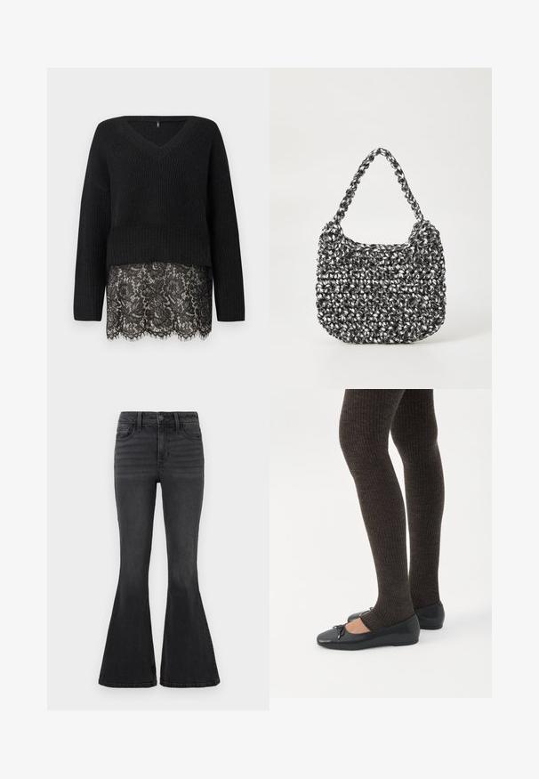 Sort striktrøje med V-hals, der har lange ærmer og en scalloped blondekant. Den teksturerede stof kontrasterer med den glatte blonde nedenfor.; Sorte flared jeans i denim med ensfarvet design, der har et standard liv, fem lommer og diskrete syninger foran.; Ben iført mørke ribbede leggings kombineret med sorte balletsko med små sløjfedetaljer på hvid baggrund.; Vævet håndtaske i sort og hvid med en rund form, tekstureret overflade og et fletet håndtag. Velegnet til afslappet brug.