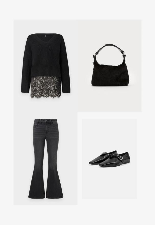 Pull en tricot noir avec un décolleté en V, featuring des manches longues et un ourlet en dentelle festonnée. Le tissu texturé contraste avec la dentelle lisse en dessous.; Jean noir évasé en denim de couleur unie, avec une taille standard, cinq poches et des détails de couture subtils à l'avant.; Paire de chaussures plates en cuir verni noir à bouts pointus avec une bride à boucle sur le dessus, montrée sur un fond clair uni.; Sac à main en fausse fourrure noire avec une texture douce, une forme arrondie et une bandoulière en cuir noir robuste. Accent en métal argenté visible.