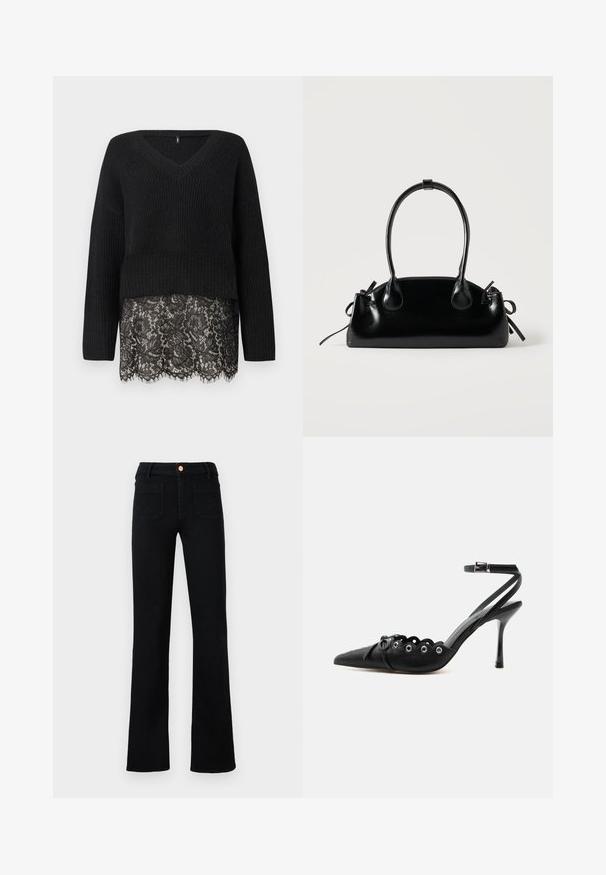 Pull en tricot noir avec un décolleté en V, featuring des manches longues et un ourlet en dentelle festonnée. Le tissu texturé contraste avec la dentelle lisse en dessous.; Jean droit noir taille haute avec poches avant plaquées et fermeture à bouton en cuivre sur un fond neutre.; Chaussure à talon haut noire à bout pointu, bords festonnés, œillets métalliques, lacets à l'avant et bride de cheville avec fermeture à boucle.; Petit sac à main noir brillant avec deux longues anses et des détails à cordon sur les côtés sur un fond clair uni.