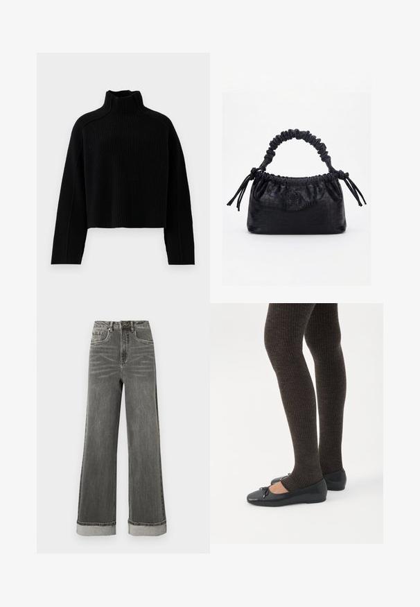 Pull en maille côtelée noire avec un col montant et une coupe courte, doté de manches longues et d'une finition texturée.; Jean denim gris à jambes larges avec une taille haute, cinq poches et des ourlets retroussés. Le tissu présente une texture légèrement usée avec des coutures visibles.; Jambes portant des leggings côtelés foncés associés à des ballerines noires avec de petits détails en nœud sur fond blanc.; Sac à main noir avec texture crocodile, bord supérieur froncé, poignée plissée et pompons à cordon de chaque côté sur fond blanc.