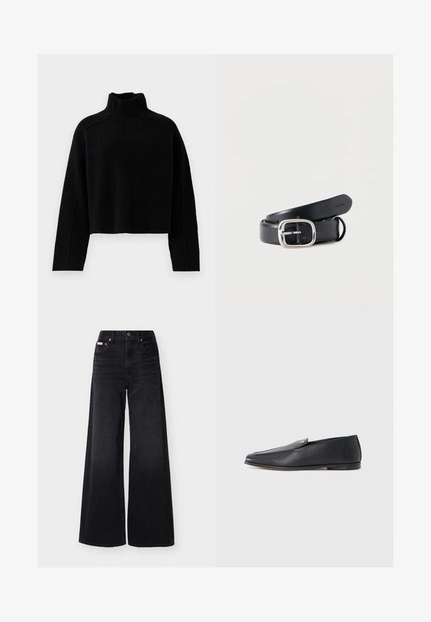 Pull en maille côtelée noire avec un col montant et une coupe courte, doté de manches longues et d'une finition texturée.; Jean noir à jambes larges avec taille haute, fermeture avant par boutons et fermeture éclair, passants pour ceinture, et design à cinq poches.; Mocassins en cuir noir à texture lisse, bout arrondi et détails de couture subtils. Ils présentent un accent logo doré sur le côté supérieur.; Ceinture en cuir noir avec une boucle rectangulaire argentée. Texture lisse, avec des trous perforés pour l'ajustement et un intérieur marqué de la marque.