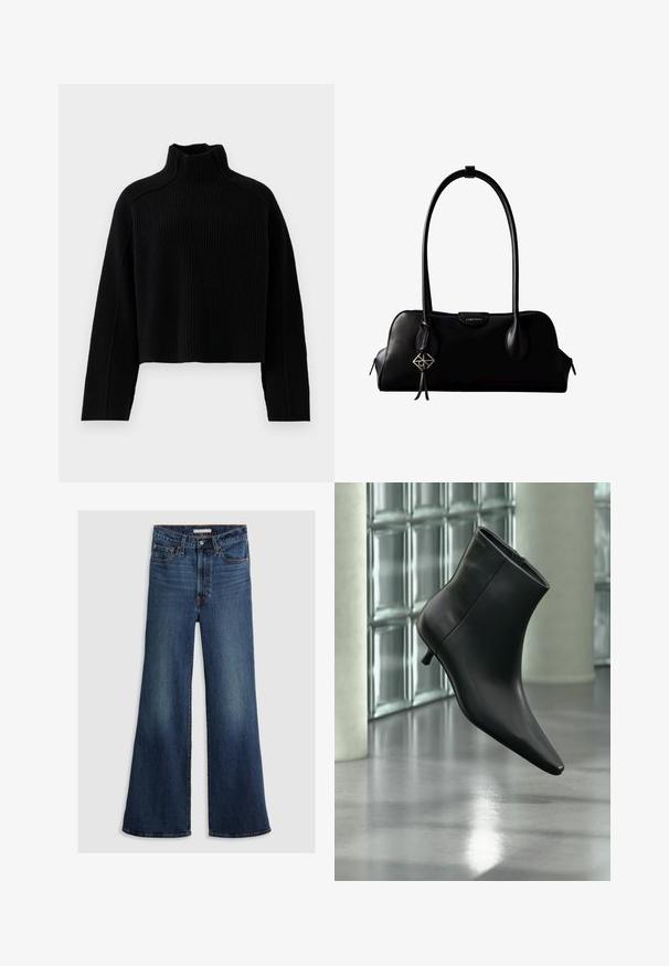 Zwarte ribgebreide trui met een hoge hals en een cropped ontwerp, met lange mouwen en een gestructureerde afwerking.; Wijde jeans in donkerblauw denim, met een hoge taille, vijf zakken en contrasterend stiksel langs de naden en tailleband.; Zwarte leren enkellaars met spits toelopende neus en lage kittenhak, schuin weergegeven tegen een gepolijste vloer en een glazen blokken muur als achtergrond.; Zwarte leren Calvin Klein handtas met lange hengsels, een logo-label aan de voorkant en een zilverkleurige geometrische hanger die aan één hengsel hangt.