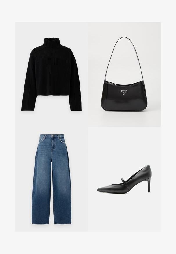 Suéter negro de punto acanalado con cuello alto y diseño corto, que presenta mangas largas y un acabado texturizado.; Jeans de pierna ancha hechos de denim azul oscuro. Con una cintura alta, cinco bolsillos y cierre con botón superior. Textura ligeramente desvaída en toda la prenda.; Zapato de tacón alto de cuero negro con punta puntiaguda, con tira fina y hebilla sobre el empeine, sobre fondo claro y neutro.; Bolso de hombro de charol negro con forma curva, que presenta un logotipo triangular plateado y un cierre de cremallera. Textura suave y correa delgada.