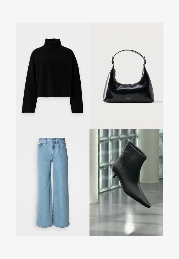 Pull en maille côtelée noire avec un col montant et une coupe courte, doté de manches longues et d'une finition texturée.; Jean large bleu clair en denim, avec une taille haute, un design à cinq poches et un léger dégradé sur le tissu.; Bottine en cuir noir à bout pointu et petit talon kitten, présentée en angle devant un sol poli et un mur en blocs de verre.; Sac à main Calvin Klein noir brillant avec fermeture éclair dorée et anse courte sur fond blanc uni.