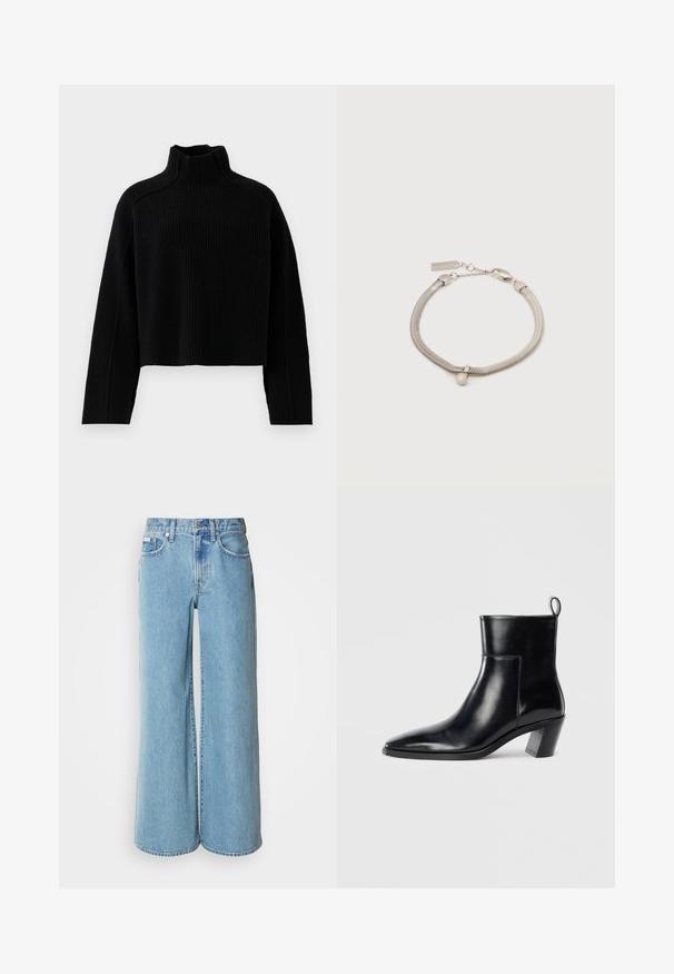 Suéter negro de punto acanalado con cuello alto y diseño corto, que presenta mangas largas y un acabado texturizado.; Jeans de mezclilla de corte ancho en un tono azul claro, con cintura alta, diseño de cinco bolsillos y un ligero desgastado en la tela.; Botín de piel negra hasta el tobillo con punta afilada, tacón apilado geométrico y una lengüeta en la parte posterior. Textura suave y diseño elegante.; Pulsera de cadena de serpiente plateada con un pequeño charm esférico y cierre de langosta sobre un fondo blanco.