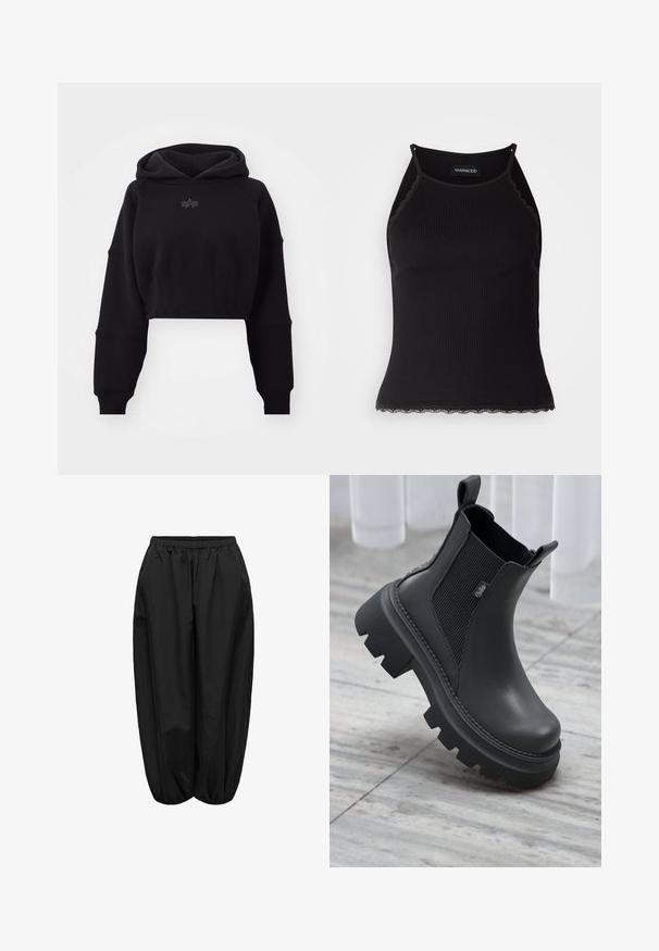Sudadera negra cortada en tejido suave con cintura de canalé, mangas de gran tamaño y un logo sutil centrado en el pecho.; Top de tanque negro con ribetes acanalados y borde de encaje con volantes en el dobladillo. Presenta tirantes finos y un diseño ajustado. Fabricado en tejido elástico.; Pantalones sueltos negros con cintura elástica y bajos fruncidos, confeccionados en una tela ligera y ligeramente brillante.; Botín negro hasta el tobillo, hecho de cuero suave, con paneles laterales elásticos, una suela gruesa y con dibujo, y tiradores para ponerse con facilidad.