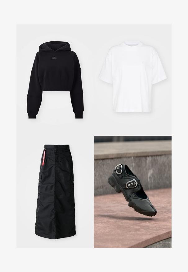Sudadera negra cortada en tejido suave con cintura de canalé, mangas de gran tamaño y un logo sutil centrado en el pecho.; Camiseta de algodón blanca con cuello redondo, mangas cortas y un corte relajado. Presenta un logo sutil en el área del pecho izquierdo. Textura suave.; Falda larga negra con botones y cremallera en el frente, bolsillos laterales tipo cargo y una etiqueta de tela roja "Retirar antes del vuelo" en la cinturilla.; Zapato negro de punta partida con dos hebillas plateadas, suela gruesa y detalles perforados, flotando sobre una superficie de piedra.