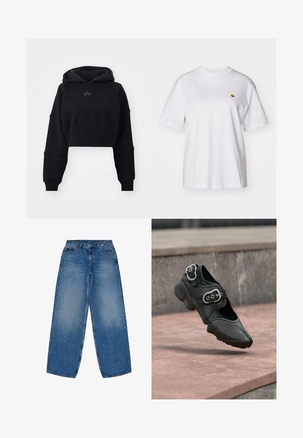 Sudadera negra cortada en tejido suave con cintura de canalé, mangas de gran tamaño y un logo sutil centrado en el pecho.; Camisa de algodón blanca con corte relajado, mangas cortas y un pequeño logotipo bordado en el área del pecho izquierdo.; Jeans de mezclilla anchos de color azul claro con cintura alta, que presentan un cierre de botón, trabillas para cinturón y un diseño clásico de cinco bolsillos.; Zapato negro de punta partida con dos hebillas plateadas, suela gruesa y detalles perforados, flotando sobre una superficie de piedra.
