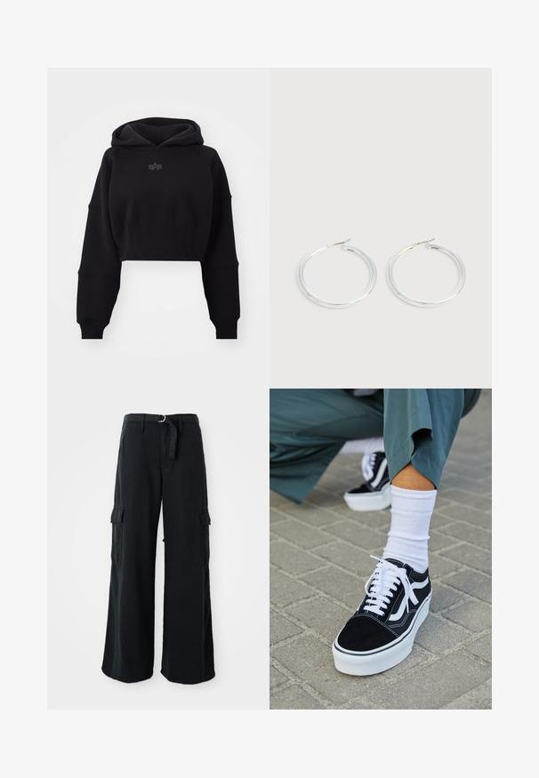 Forkortet sort hættebluse i blødt stof med ribbet talje, oversized ærmer og et diskret logo centreret på brystet.; Sorte bredbenede cargo-bukser lavet af bomuld med et bånd, der kan bindes, og som har to sidelommer samt en glat stofstruktur.; Sorte ruskinds sneakers med hvide accenter og snørebånd, der har en tyk hvid sål og kontrasterende syninger, parret med en hvid sok.; Par skinnende sølvøreringe med tynde trådlåse, vist på en lys grå baggrund.
