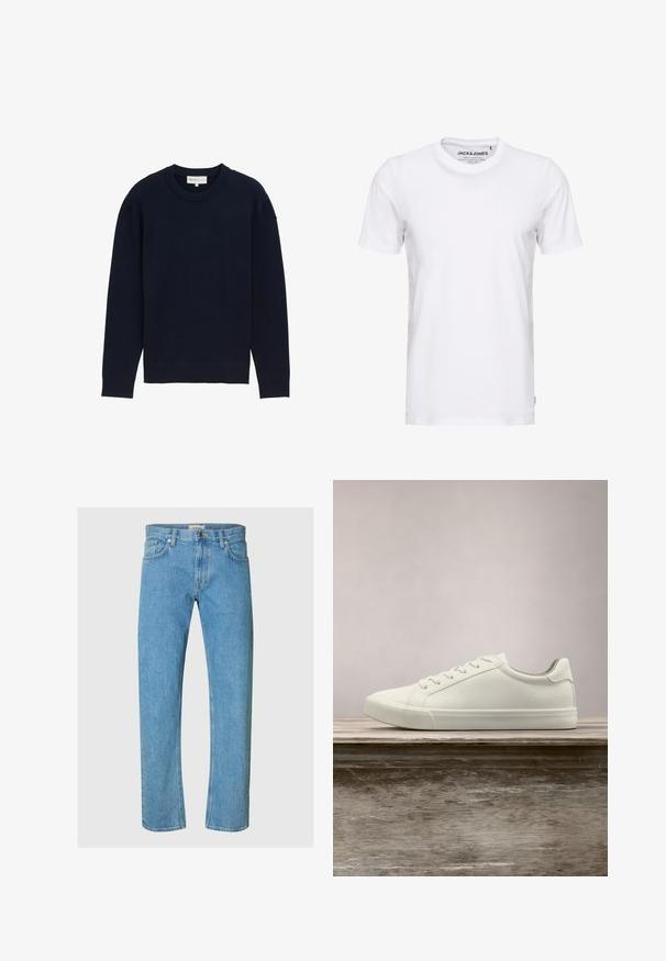 Suéter de punto de manga larga en azul marino con cuello redondo acanalado y puños, exhibido sobre un fondo blanco liso.; Camiseta de manga corta blanca, hecha de algodón, con cuello redondo y un diseño sencillo. Etiqueta de la marca visible en la zona del cuello. Sin patrones ni detalles.; Los jeans de mezclilla en un tono azul claro presentan un diseño de pierna recta, estilo de cinco bolsillos y un cierre de cremallera con un botón de metal.; Zapatilla blanca con cordones flotando sobre un banco de madera con follaje verde al fondo, mostrando el diseño y la textura del zapato.