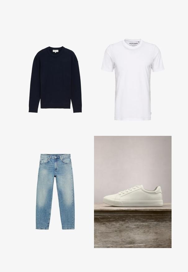 Pull bleu marine à manches longues avec un col rond côtelé et des poignets, présenté sur fond blanc uni.; T-shirt blanc à manches courtes en coton, avec un col rond et un design simple. Étiquette de marque visible au niveau du cou. Aucun motif ni accent.; Jean droit en denim bleu avec poches avant et passants de ceinture, présentant des détails légèrement décolorés sur les cuisses et les genoux.; Sneaker en dentelle blanche flottant au-dessus d'un banc en bois avec un feuillage vert en arrière-plan, mettant en valeur le design et la texture de la chaussure.