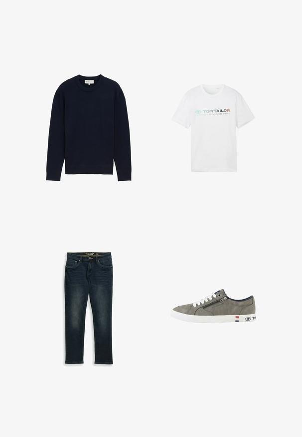 Mørkeblå langærmet pullovertrøje med ribbet rund hals og manchetter, vist mod en plain hvid baggrund.; Hvid bomulds t-shirt med rund hals, korte ærmer og fronttryk: "TOM TAILOR" med "ESSENTIALS SINCE NINETEEN SIXTY-2."; Mørkeblå slim-fit jeans med forlommer, bæltestropper og knaplukning, størrelse 31/32 fra Tom Tailor.; Grå lavtop-sneaker med hvide snørebånd, sidelås og hvid sål med røde, hvide og blå striber samt Tom Tailor-branding.