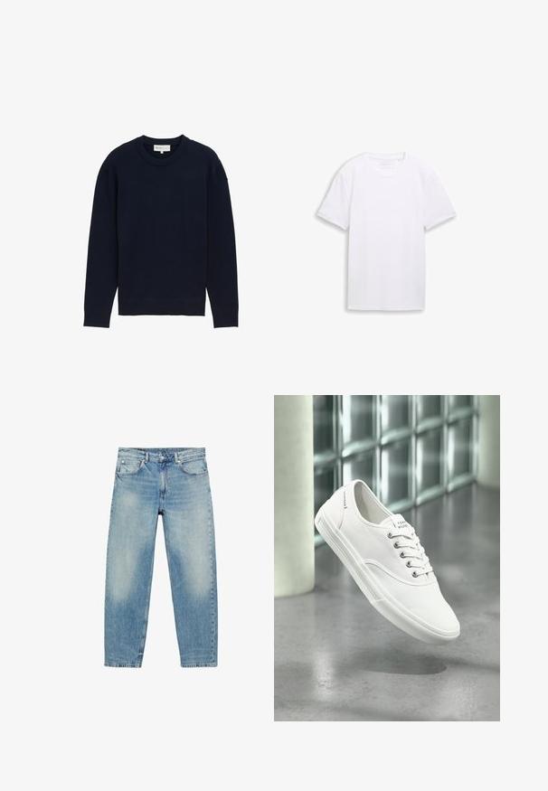 Mørkeblå langærmet pullovertrøje med ribbet rund hals og manchetter, vist mod en plain hvid baggrund.; Almindelig hvid T-shirt med korte ærmer og rund hals lagt fladt ud mod en hvid baggrund.; Blå straight-leg denim jeans med forlommer og bæltestropper, der viser let falmede detaljer på lår og knæ.; Hvid lavtop lærredssneaker med snørebånd, mærket Tommy Hilfiger, vist svævende over en glat grå gulv nær en væg af glasblokke.