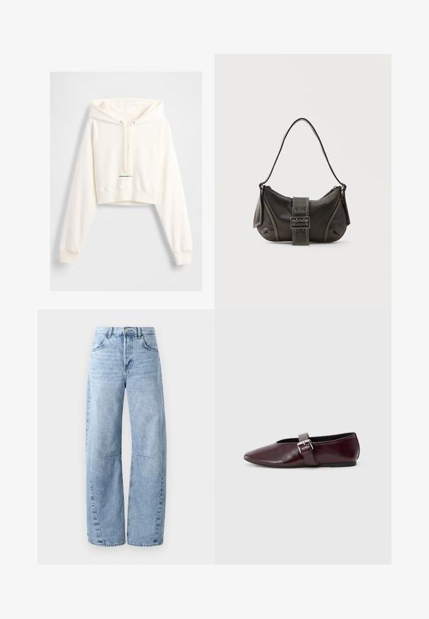 Hvid cropped hættetrøje med snøre i hætten, præget "GAP"-logo, ribstrikkede manchetter og en grøn accenttag ved kanten. Blød, glat tekstur.; Lysblå brede jeans lavet af denim, med høj talje, fem lommer og diskret slid. Benene har synlige syninger og sømme.; Bordeaux læder ballerina sko med spidse tæer, flad sål og en dekorativ spænde-strop over vristen. Glat, blank tekstur.; Sort læder skuldertaske med spænde på remmen, afrundede kanter og kontrasterende hvide syninger på en ensfarvet baggrund.
