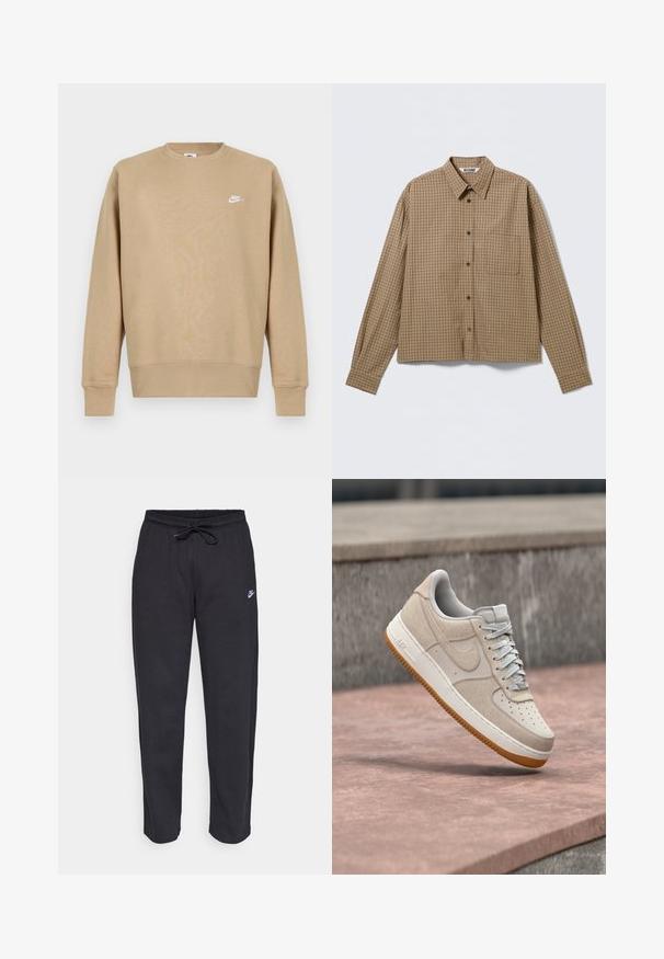 Tan Nike sweatshirt met een ronde hals, lange mouwen en een wit logo op de borst. De stof lijkt zacht met een gladde textuur.; Bruin geruit overhemd met knopen, lange mouwen, een kraag en een borstzak; heeft donkere knopen en een cropped ontwerp.; Zwarte sweatpants van zacht stof met een elastische tailleband, trekkoord en een klein Nike-logo op de linker bovenbeen.; Beige en witte Nike Air Force 1 sneaker met een gumzool die boven een roze stenen oppervlak zweeft, met een grijze stenen achtergrond.