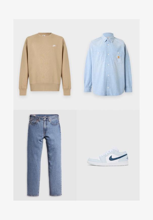 Svetrová mikina Nike v béžovej farbe s okrúhlym výstrihom, dlhými rukávmi a bielym logom na hrudi. Tkanina vyzerá jemne a má hladkú štruktúru.; Svetlomodrá košeľa s dlhým rukávom a zapínaním na gombíky, s dvoma prednými vreckami, z ktorých jedno má nášivku s logom Carhartt a jemné biele škvrny od farby.; Modré rovné džínsy z denimu s predným gombíkom a zipsom, pútkami na opasok a klasickým päťvreckovým strihom na svetlošedom pozadí.; Nízke tenisky z bielej a svetlomodrej kože s tmavomodrým logom Nike a bielymi šnúrkami, zobrazené z boku na jednoduchom pozadí.