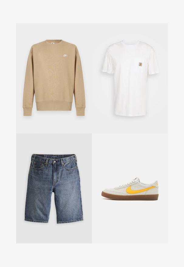 Tan Nike sweatshirt med rund hals, lange ærmer og et hvidt logo på brystet. Stoffet ser blødt ud med en glat tekstur.; Hvid bomulds T-shirt med korte ærmer, en brystlomme, og et lille firkantet logo patch i orange og hvid på lommen.; Blå cowboyshorts med forlommer, bæltestropper og knaplukning, lagt fladt på en lys baggrund.; Nike sneakers i lysegrå ruskind med en gul swoosh, hvide snørebånd og en brun gummisål. Har en struktureret finish og polstret krave.