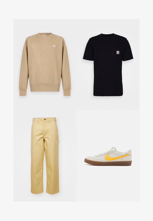 Tan Nike sweatshirt met een ronde hals, lange mouwen en een wit logo op de borst. De stof lijkt zacht met een gladde textuur.; Zwarte katoenen t-shirt met korte mouwen, ronde hals en een borstzak met een klein, vierkant logo patch. Eenvoudig, stevig ontwerp.; Beige, wijde broek van katoen met een sluiting aan de voorkant, riemlussen en zijzakken. Soepele textuur met zichtbare stikdetails.; Nike sneaker in lichtgrijs suede met een gele swoosh, witte veters en een bruine rubberen zool. Heeft een gestructureerde afwerking en een gewatteerde kraag.