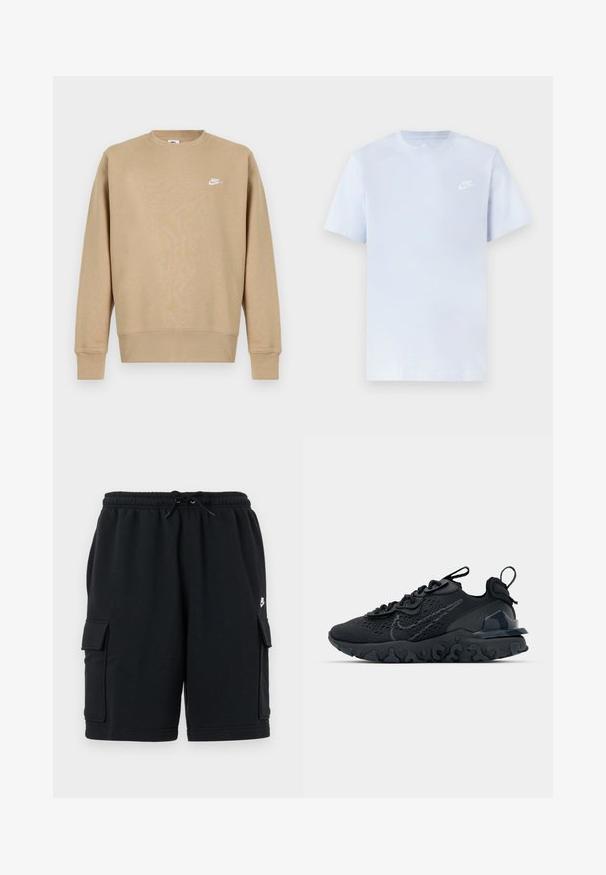 Sudadera Nike en color beige con cuello redondo, mangas largas y un logo blanco en el pecho. La tela parece suave con una textura lisa.; Camiseta de algodón de color azul claro con mangas cortas, cuello redondo y un logo blanco de Nike impreso en el pecho izquierdo. Textura suave, diseño sencillo.; Pantalones cortos cargo de algodón negro con cinturilla elástica y cordón, que cuentan con dos bolsillos laterales y un pequeño detalle de logo.; Zapato deportivo negro con una parte superior de malla transpirable, acentos texturizados y una suela de goma ondulada. Presenta un logotipo reflectante y un sistema de cordones.