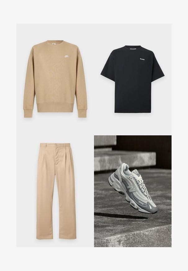 Beige Nike Sweatshirt mit Rundhalsausschnitt, langen Ärmeln und einem weißen Logo auf der Brust. Der Stoff wirkt weich mit einer glatten Textur.; Schwarzes T-Shirt mit kurzen Ärmeln, kleinem weißem Columbia-Logo auf der oberen linken Brust, Rundhalsausschnitt und lockerem Sitz.; Beige, gerade geschnittene Hose mit vorderen Falten, Knopfverschluss, Gürtelschlaufen und einem glatten, knitterfreien Stofffinish.; Weißer und grauer New Balance 1000 Sneaker schwebt über einer Betonfläche mit Treppen im Hintergrund.