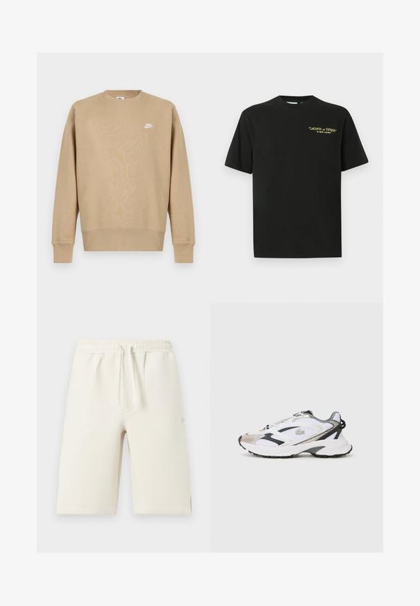 Kreemika värvi Nike'i sviiter, millel on ümar kaelus, pikad varrukad ja valge logo rinnal. Kangas näib olevat pehme ja ühtlase tekstuuriga.; Must valge puuvillane T-särk, millel on ümmargune kaelus ja lühikesed varrukad. Ees on kollane tekst: "LACOSTE on TENNIS" René Lacoste'i autoriteediga.; Heledad beežid puuvillased lühikesed püksid elastse vöökoha, paela ja küljetaskutega. Sile tekstuur, põlvepikkused, tikkimata ääristega.; Valge spordijalats, millel on hõbedased ja mustad aktsendid, võrkkanga ülemine osa, tekstureeritud tald ja voolujooneline disain, millel on külje peal logo.