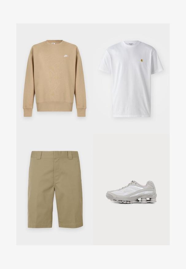 Svetrová mikina Nike v béžovej farbe s okrúhlym výstrihom, dlhými rukávmi a bielym logom na hrudi. Tkanina vyzerá jemne a má hladkú štruktúru.; Biele bavlnené tričko s krátkymi rukávmi, okrúhlym výstrihom, s malým zlatým logom na ľavej strane hrude. Mäkká textúra a normálny strih.; Kaki bavlnené šortky s plochým predným dielom, pútkami na opasok a dvoma bočnými vreckami. Tkanina je hladká s matným povrchom bez viditeľných vzorov.; Šedá a biela športová teniska s viditeľnou podrážkou s vzduchovou vložkou a sieťovinovými panelmi, zobrazená v profile na jednoduchom svetlom pozadí.