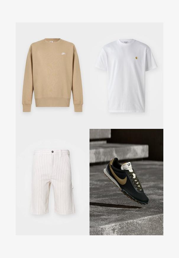 Tan Nike sweatshirt med rund hals, lange ærmer og et hvidt logo på brystet. Stoffet ser blødt ud med en glat tekstur.; Hvid bomulds t-shirt med korte ærmer, rund hals og et lille guld logo på venstre brystområde. Blød tekstur og almindelig pasform.; Hvide cargo shorts med røde lodrette striber, lavet af et letvægtsstof. Har en knaplukning og sidelommer.; Sort og guld Nike løbesko med tekstureret overdel og mønstret snøre, der svæver over ru betongulv og trin.