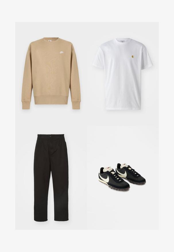 Tan Nike sweatshirt med rund hals, lange ærmer og et hvidt logo på brystet. Stoffet ser blødt ud med en glat tekstur.; Hvid bomulds t-shirt med korte ærmer, rund hals og et lille guld logo på venstre brystområde. Blød tekstur og almindelig pasform.; Sorte bukser lavet af glat stof, med knaplukning, lige pasform og to frontfolder for ekstra detalje.; Sorte sportssko med en struktureret overdel, hvid swoosh-logo og gummisål med små stik til trækkraft. Elfenbensfarvet krave.