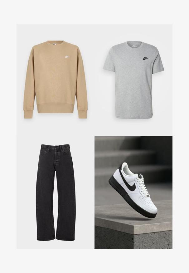Sudadera Nike en color beige con cuello redondo, mangas largas y un logo blanco en el pecho. La tela parece suave con una textura lisa.; Camiseta de manga corta gris de algodón, con un logo negro de Nike en el pecho y un cuello redondo. Diseño minimalista sin patrones.; Vaqueros de denim negro con un corte holgado y de pierna ancha. Presentan una cintura alta, cinco bolsillos y un cierre clásico de botón y cremallera.; Zapatilla deportiva de cuero blanco con detalles en negro, punta redondeada y detalles perforados. Suela de goma negra con patrón texturizado y cierre de cordones.