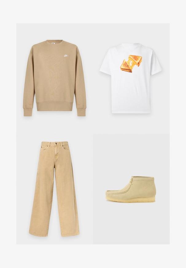Svetrová mikina Nike v béžovej farbe s okrúhlym výstrihom, dlhými rukávmi a bielym logom na hrudi. Tkanina vyzerá jemne a má hladkú štruktúru.; Biele bavlnené tričko s ilustráciou dvoch grilovaných syrových sendvičov, na ktorých je roztopený syr a zlatohnedá kôrka.; Béžové džíny s vysokým pásom, širokými nohavicami, predným gombíkom a zipsom, pútkami na opasok a prednými vreckami na jednoduchom pozadí.; Béžový semišový členkový mokasín s podrážkou z krepy a šnurovaním vpredu, na jednofarebnom svetlosivom pozadí.
