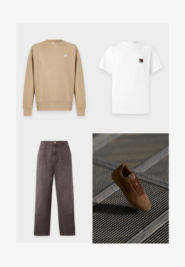 Vaaleanruskea Nike-huppari, jossa on pyöreä kaula-aukko, pitkät hihat ja valkoinen logo rinnassa. Kangas vaikuttaa pehmeältä ja sileältä.; Valkoinen lyhythihainen puuvillainen t-paita, jossa on rintatasku ja musta-kultainen vuoristologo. Yksinkertainen, koristelematon muotoilu.; Ruskeat suoralahkeiset housut, joissa korkea vyötärö, etutaskut, vyölenkit ja näkyvät ompelusaumat polvissa ja reisissä.; Ruskea mokkakenkä, jossa on verkkomateriaalia, pyöreä varvas ja tasaiset nauhat. Varustettu vaaleanruskealla kumipohjalla ja hienovaraisella Nike-logolla sivulla.