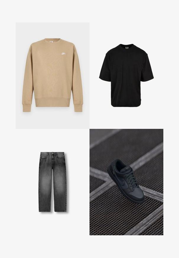 Vaaleanruskea Nike-huppari, jossa on pyöreä kaula-aukko, pitkät hihat ja valkoinen logo rinnassa. Kangas vaikuttaa pehmeältä ja sileältä.; Mustat lyhythihaiset T-paidat, jotka on valmistettu pehmeästä puuvillasta. Ominaisuuksia ovat pyöreä kaula-aukko, väljä istuvuus ja kaareva helma lisämukavuutta varten.; Musta haalistunut suorahko farkku, jossa on edessä nappi, vetoketju ja viiden taskun malli, esitettynä tasaisesti valkoisella taustalla.; Musta nahkainen Nike-tenniskenkä, jossa on pyöreä kärki, reikäkankainen etuosa ja teksturoitu kumipohja. Mukana nauhat ja hillityt brändimerkit.