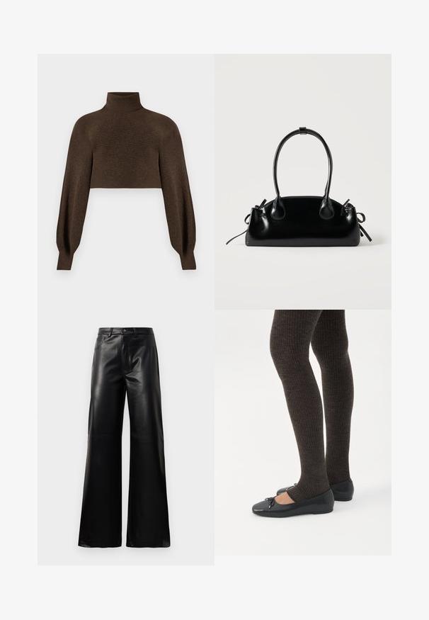 Pull en maille à col roulé marron, avec une texture côtelée et des manches volumineuses, fabriqué dans un matériau doux et chaud.; Pantalons larges en faux cuir noire taille haute avec bouton avant, fermeture éclair, passants de ceinture et poches latérales sur fond blanc.; Jambes portant des leggings côtelés foncés associés à des ballerines noires avec de petits détails en nœud sur fond blanc.; Petit sac à main noir brillant avec deux longues anses et des détails à cordon sur les côtés sur un fond clair uni.