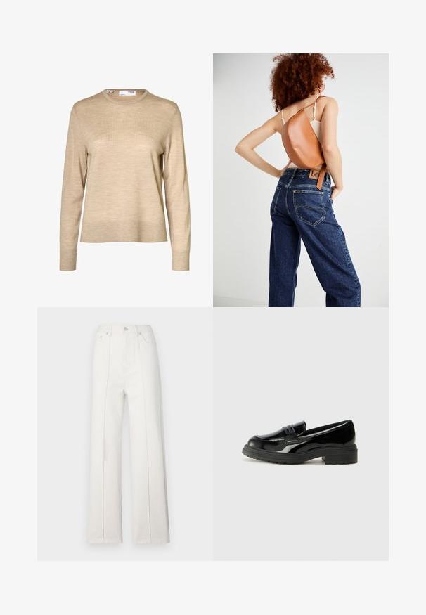 Pull en laine beige à manches longues avec col rond et poignets et ourlet côtelés, présenté sur fond blanc.; Pantalon large en denim blanc à taille haute, avec des coutures verticales et une fermeture à bouton à l'avant. Texturé lisse avec un design épuré.; Mocassins en cuir verni noir avec une semelle en caoutchouc noir épaisse, présentant un empeigne cousue et une surface lisse et brillante.; Sac à dos en cuir marron avec un design incurvé unique. Porté en diagonale, associé à un jean en denim bleu taille haute avec des coutures jaunes.