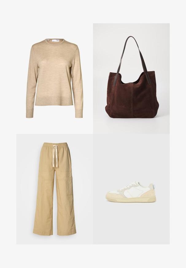 Pull en laine beige à manches longues avec col rond et poignets et ourlet côtelés, présenté sur fond blanc.; Pantalons larges beige en tissu doux, dotés d'une taille élastique avec cordon de serrage, de poches latérales et d'une coupe décontractée.; Baskets blanches et beiges avec dessus en suède et textile, présentant des coutures contrastées, une semelle en caoutchouc et un accent bleu clair sur le talon.; Sac fourre-tout en daim marron avec deux anses en cuir noir. Texture douce, haut arrondi et un intérieur spacieux. Aucun matériel ou embellissement visible.