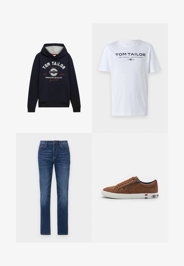 Mørkeblå hættetrøje i bomuldsblanding med grå hætteforing, frontlomme og hvid/ rød grafisk tekst på brystet. Ribkantede manchetter og kant.; Hvid bomulds t-shirt med rund hals, korte ærmer og navy tekst, der læser "TOM TAILOR THE CASUAL DEPARTMENT 1962."; Mørkeblå denimjeans med en klassisk lige pasform, fem-lomme design og let falmede detaljer på benene. Har knap- og lynlåslukning.; Brune lædersneaker med hvid gummisål, snøring foran, lynlås i siden og logo accenter i rød, hvid og blå på hælen.