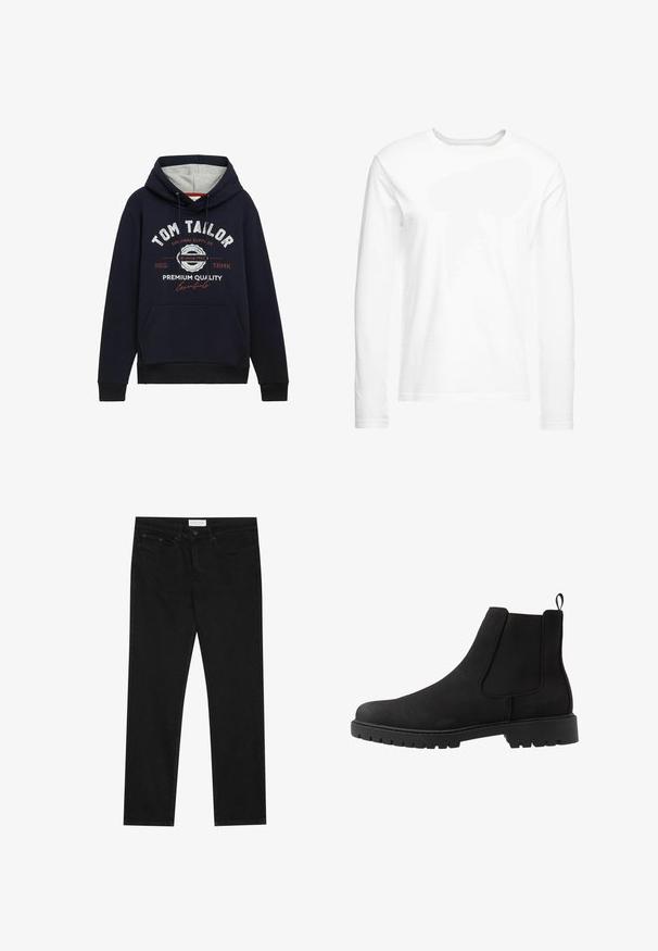 Sweat à capuche bleu marine en mélange de coton, avec une doublure de capuche grise, une poche frontale et un texte graphique blanc/rouge sur la poitrine. Poignets et ourlet côtelés.; T-shirt blanc à manches longues en coton doux. Encolure ronde avec des ourlets droits et sans motifs ni graphiques visibles.; Jean droit noir avec un design à cinq poches, fermeture à bouton et zip, et une étiquette de marque Pier One sur la taille.; Pier One UNISEX - Bottines - black