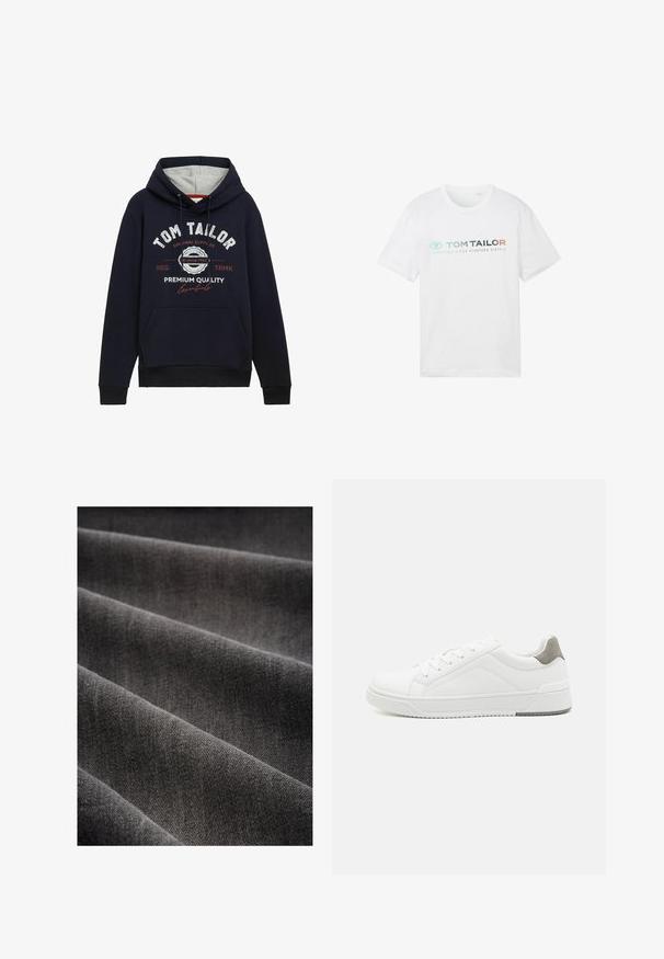 Mørkeblå hættetrøje i bomuldsblanding med grå hætteforing, frontlomme og hvid/ rød grafisk tekst på brystet. Ribkantede manchetter og kant.; Hvid bomulds t-shirt med rund hals, korte ærmer og fronttryk: "TOM TAILOR" med "ESSENTIALS SINCE NINETEEN SIXTY-2."; Mørkegrå stof med en blød tekstur, præsenteret i folder. Væven er tætslået, hvilket viser en glat, ensartet overflade.; Hvid sneaker lavet af glat læder, rund tå, minimalistisk design, grå hælafsats og tekstureret gummisål.