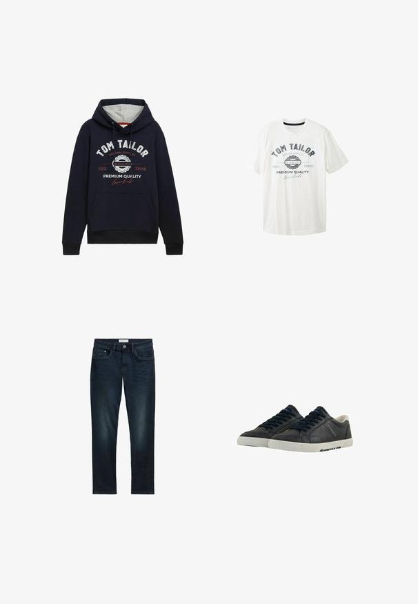 Mørkeblå hættetrøje i bomuldsblanding med grå hætteforing, frontlomme og hvid/ rød grafisk tekst på brystet. Ribkantede manchetter og kant.; Hvid bomulds t-shirt med rund hals, korte ærmer og trykt grafisk motiv i sort og blå med mærkenavnet "Tom Tailor."; Mørkeblå denim jeans med slim fit, der har fem lommer, knaplukning og diskret falmning foran for tekstur.; Marine læder sneakers med hvide gummisåler, rund tå og sorte snørebånd. Subtile teksturer og branding på siderne. Casual design.