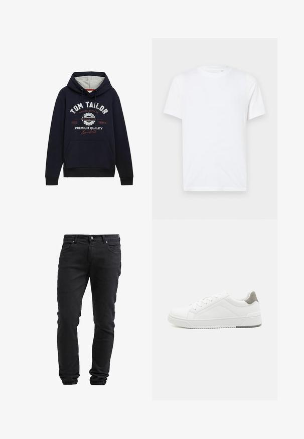 Mørkeblå hættetrøje i bomuldsblanding med grå hætteforing, frontlomme og hvid/ rød grafisk tekst på brystet. Ribkantede manchetter og kant.; Hvid bomulds t-shirt med rund halsudskæring og korte ærmer. Har et lille, præget logo på venstre bryst. Glat tekstur.; Sorte slim-fit jeans med knap- og lynlås-lukning, fem lommer og elastiske manchetter ved anklerne.; Hvid sneaker lavet af glat læder, rund tå, minimalistisk design, grå hælafsats og tekstureret gummisål.