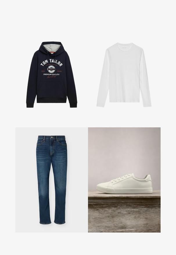 Sweat à capuche bleu marine en mélange de coton, avec une doublure de capuche grise, une poche frontale et un texte graphique blanc/rouge sur la poitrine. Poignets et ourlet côtelés.; T-shirt blanc à manches longues en coton doux, avec un col rond et une texture lisse sans motifs ni accents visibles.; Jean droit bleu foncé avec poches avant, passants de ceinture, fermeture par bouton et fermeture éclair, présenté sur un fond uni.; Sneaker en dentelle blanche flottant au-dessus d'un banc en bois avec un feuillage vert en arrière-plan, mettant en valeur le design et la texture de la chaussure.