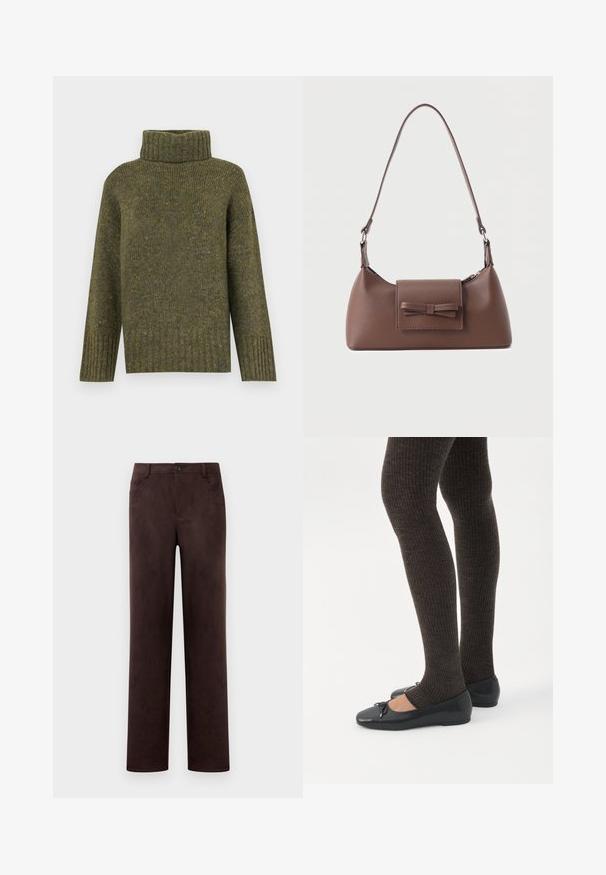 Vero Moda Knitted VMINGRID Knitted - Πουλόβερ - grape leaf; Σκούρο καφέ σουέτ παντελόνι με ίσια γραμμή, με κλείσιμο εμπρός με κουμπί και φερμουάρ, θηλιές ζώνης και πλαϊνές τσέπες.; Πόδια με σκουρόχρωμα ριμπ κολάν συνδυασμένα με μαύρα μπαλαρίνα παπούτσια με μικρές λεπτομέρειες φιόγκων σε λευκό φόντο.; Καφέ δερμάτινη τσάντα ώμου με μπροστινή τσέπη με καπάκι, διακοσμημένη με ραμμένη λεπτομέρεια φιόγκου και ρυθμιζόμενο λουρί.