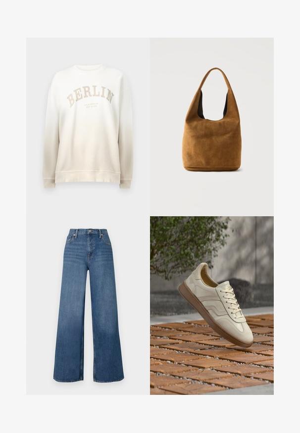 Sudadera crema con un desvanecimiento en degradado. Presenta la palabra "BERLÍN" impresa en un arco de color beige claro y cuellos y puños de canalé. Textura suave.; Jeans de pernera ancha en denim, con cintura alta, cierre frontal de botón y diseño clásico de cinco bolsillos. Textura suave.; Zapatilla de color crema con suela de goma beige texturizada, diseño con cordones y sutiles detalles de marca en el lateral. Parte superior de cuero liso.; Bolso hobo de ante marrón con una correa ancha y una estructura suave y caída, presentado sobre un fondo claro y sencillo.