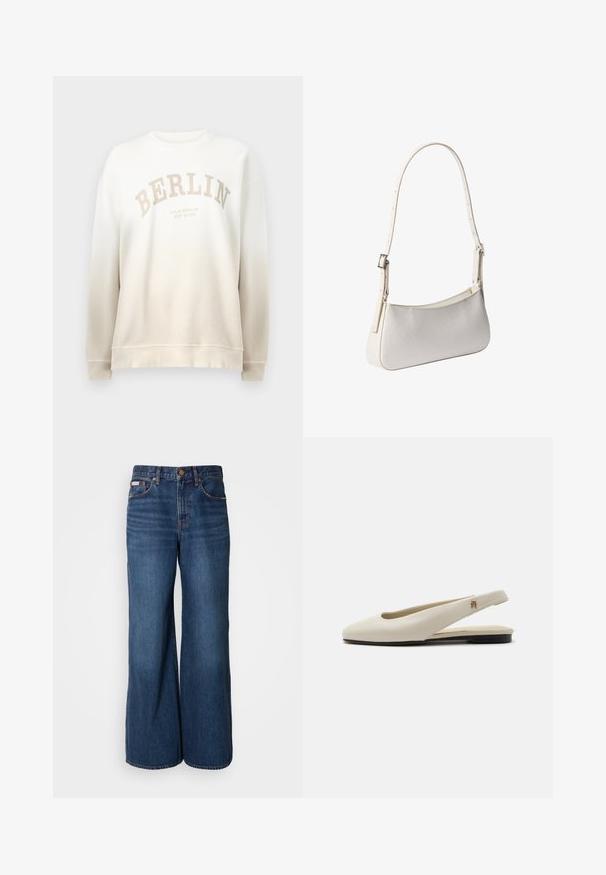 Sudadera crema con un desvanecimiento en degradado. Presenta la palabra "BERLÍN" impresa en un arco de color beige claro y cuellos y puños de canalé. Textura suave.; Vaqueros de pierna ancha hechos de denim azul oscuro. Incluyen una cintura alta, cinco bolsillos y costuras en contraste de color naranja a lo largo de las costuras.; Zapato plano slingback de cuero color crema con puntera redondeada y pequeño emblema dorado en la correa.; Bolso blanco de hombro con correa ajustable y patrón texturizado sutil, forma rectangular con bordes redondeados, hebilla plateada en la correa.