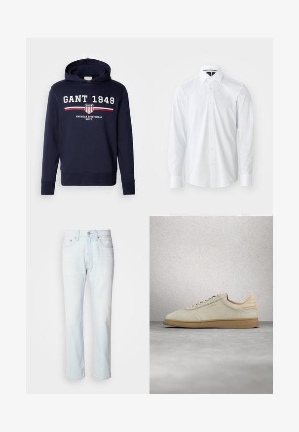 Navy blauwe hoodie met een grafisch ontwerp op de voorkant met "GANT 1949" en een schildlogo. Gemaakt van zachte materialen, heeft het lange mouwen en een capuchon met trekkoord.; Witte blouse met lange mouwen en een gestructureerde kraag, voorzien van een subtiel geaccentueerd patroon, knoopsluiting en een afgeronde zoom.; Lichtblauwe denim jeans met een rechte pijp. Voorzien van een knoopsluiting en riemlussen, met een vervaagde textuur en minimale stiksels.; Beige suède sneaker met een gestructureerde gumrubberen zool. Heeft platte veters, een afgeronde neus en subtiele branding aan de zijkant. Licht gepolsterde kraag.