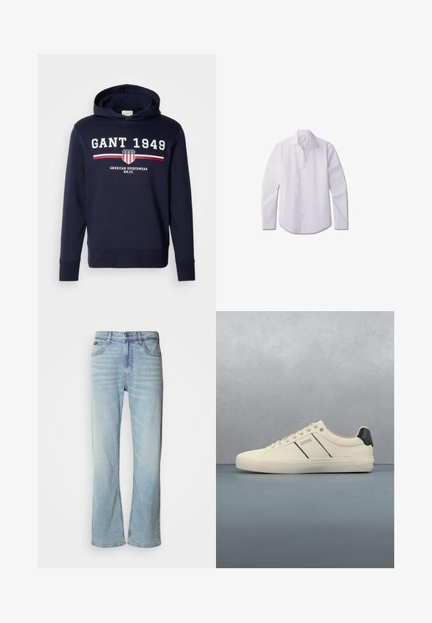 Navy blauwe hoodie met een grafisch ontwerp op de voorkant met "GANT 1949" en een schildlogo. Gemaakt van zachte materialen, heeft het lange mouwen en een capuchon met trekkoord.; Witte blouse met lange mouwen gemaakt van gladde stof, voorzien van een klassieke kraag, knoopsluiting aan de voorkant en afgeronde zoom.; Lichtblauwe denim jeans met een rechte pijp, voorzien van vijf zakken, een knoopsluiting en subtiele vervaging op de stof.; Crème-kleurige sneakers met een gladde textuur, voorzien van zwarte accenten en branding. Tijdloos vetersysteem met een ronde neus en rubberen zool.