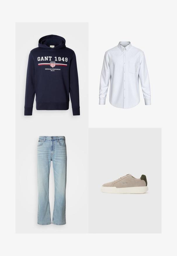 Sudadera azul marino con un gráfico frontal que presenta "GANT 1949" y un logo de escudo. Confeccionada en material suave, tiene mangas largas y capucha ajustable con cordón.; Camisa blanca de manga larga abotonada con finas rayas negras verticales y un único bolsillo en el pecho, mostrada sobre un fondo neutro.; Jeans de mezclilla azul claro con corte recto, que cuentan con cinco bolsillos, un cierre de botón y un ligero desvanecimiento en la tela.; Zapatillas de piel de ante beige con suela de goma blanca, que presentan un acento en el talón de color verde oscuro y un sutil logo en el lateral.