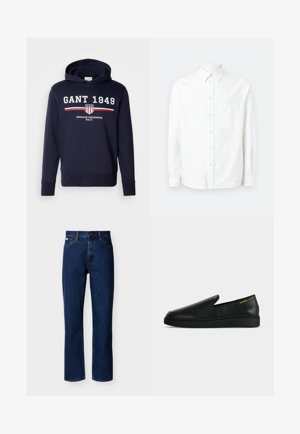 Sudadera azul marino con un gráfico frontal que presenta "GANT 1949" y un logo de escudo. Confeccionada en material suave, tiene mangas largas y capucha ajustable con cordón.; Camisa blanca de manga larga y botones, hecha de una tela ligera. Presenta un bolsillo frontal, cuello clásico y una textura sutil.; Vaqueros azul oscuro de corte recto hechos de mezclilla, con un diseño clásico de cinco bolsillos, costuras sutiles y cierre frontal con botón.; Zapato negro de cuero sin cordones con suela gruesa y marca "HUGO" en dorado cerca del talón sobre un fondo liso gris claro.