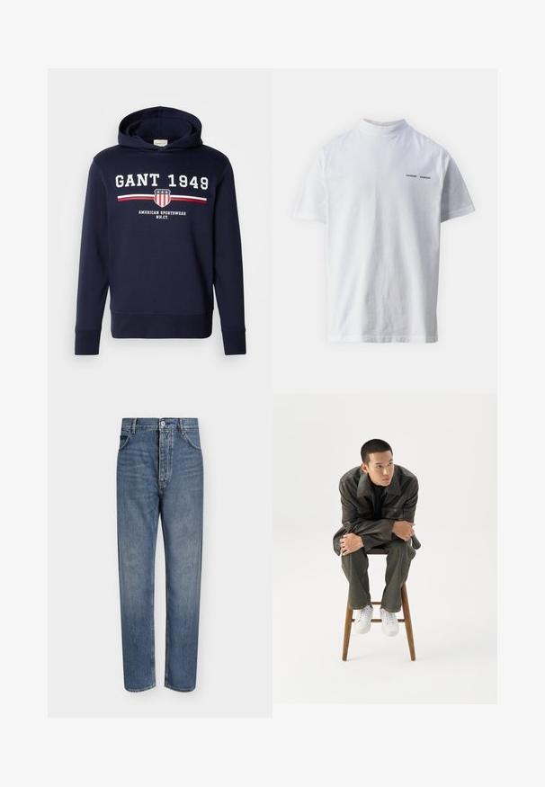 Marineblaue Kapuzenjacke mit einem Frontgrafik, die "GANT 1949" und ein Schild-Logo zeigt. Hergestellt aus weichem Material, hat sie lange Ärmel und eine Kordelzugkapuze.; Weißes Baumwoll-T-Shirt mit hohem Ausschnitt und kurzen Ärmeln. Mit schwarzem "SAMSØE SAMSØE" Logo auf der Vorderseite. Glatte Textur.; Gerade geschnittene blaue Jeans aus Denim mit hoher Taille, Frontknopfverschluss und Fünf-Taschen-Design auf einem schlichten hellen Hintergrund.; Junger Mann in dunkler Lederjacke und Jeans sitzt auf einem Holzstuhl, lehnt sich mit verschränkten Armen nach vorne und schaut seitlich vor weißem Hintergrund.